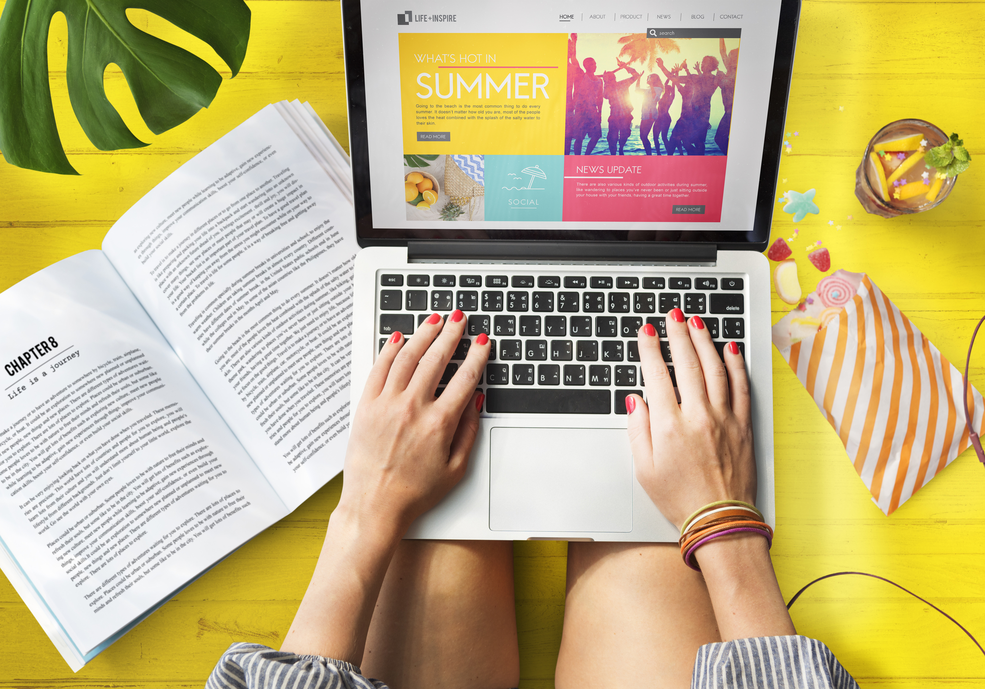 A student woman using a laptop for online jobs on a yellow background.