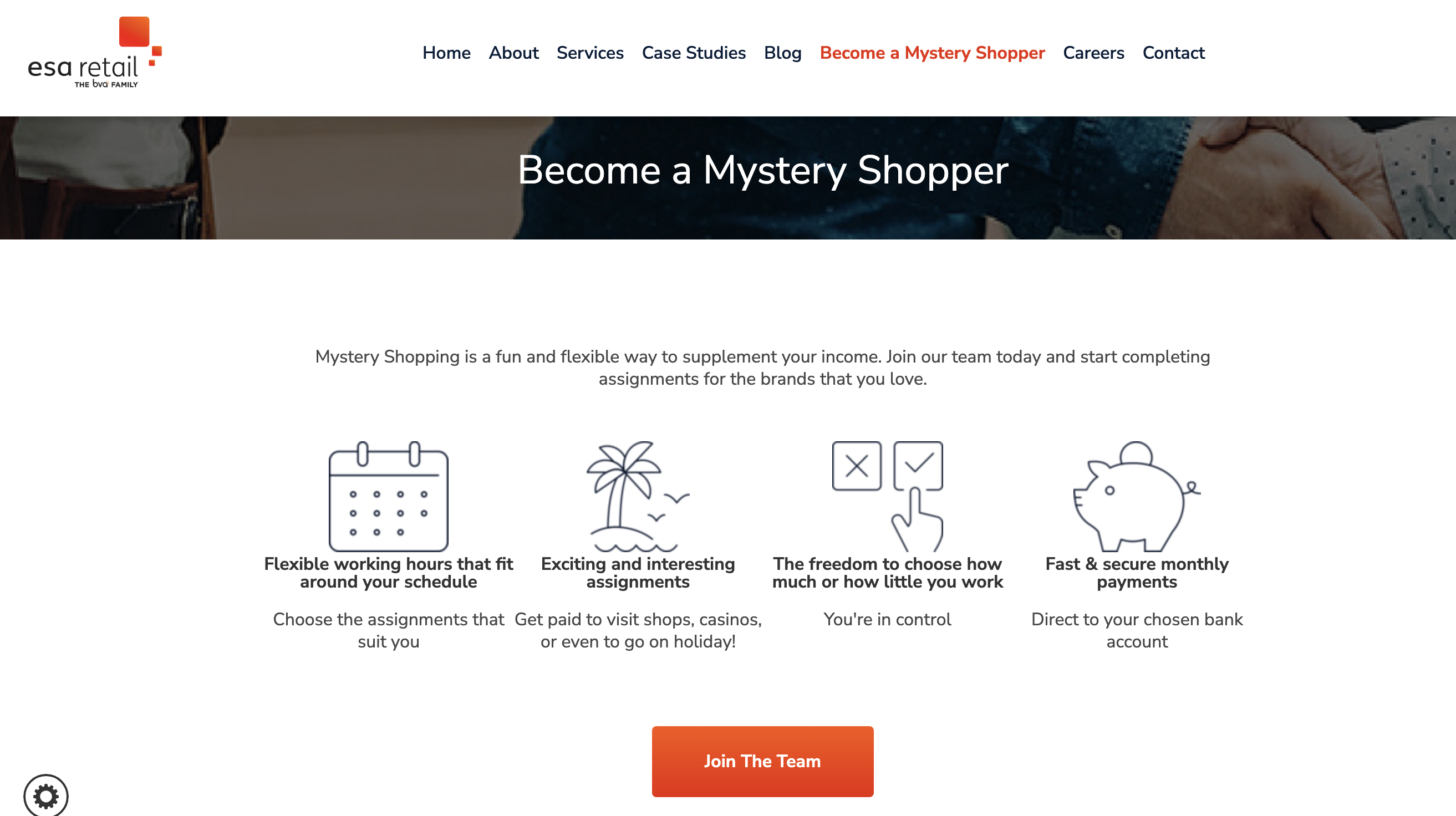 Screenshot of ESA retail homepage, a Web page promoting mystery shopping with text and icons highlighting benefits such as flexible hours, interesting assignments, flexible workload, and secure payments. "Join the Team" button at the bottom.