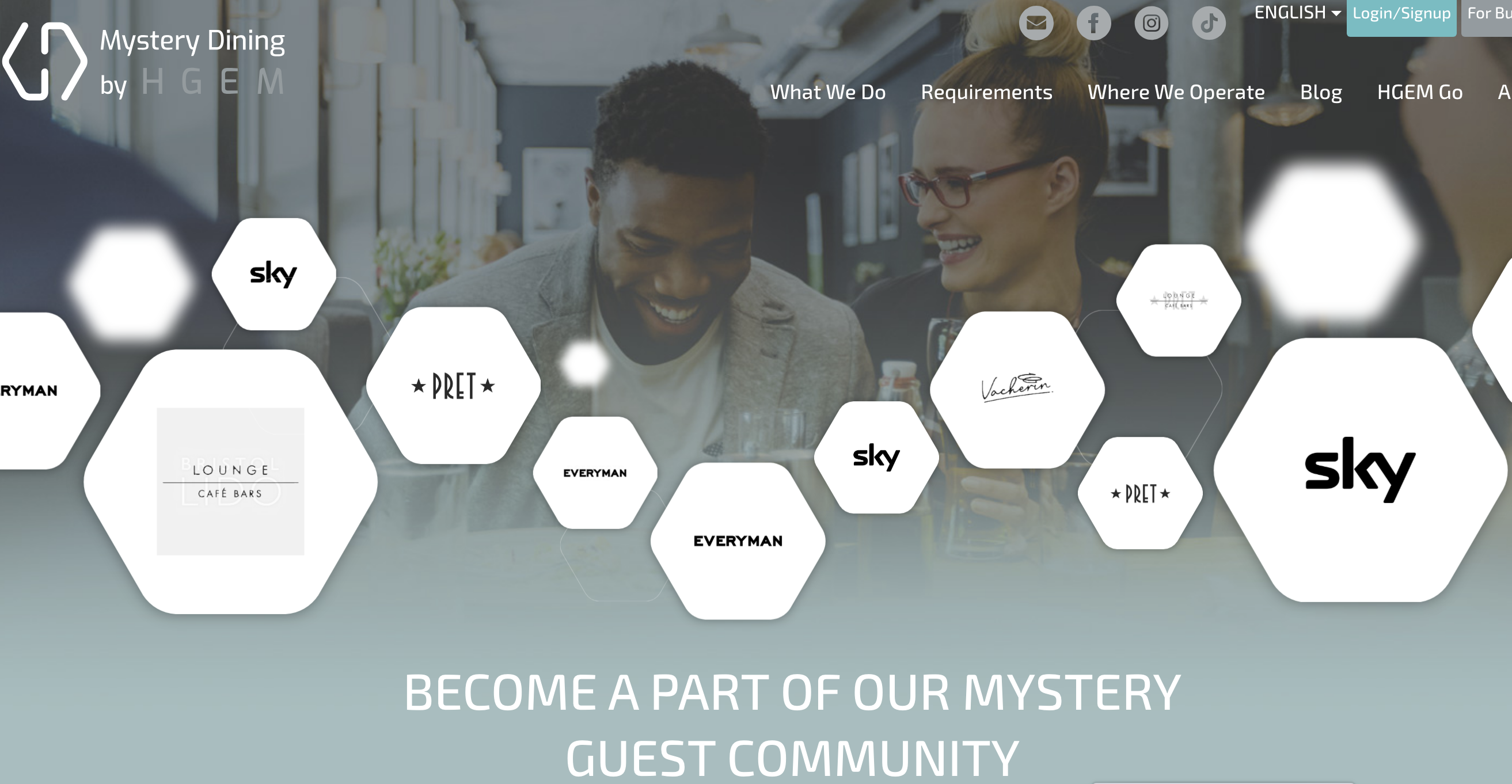 Screenshot of HGEM homepage. People smiling and conversing in a café setting. Overlay hexagons display logos of brands like Sky, Pret, and Everyman. Text reads "Join one of the best mystery shopping companies in the UK and become a part of our mystery guest community.