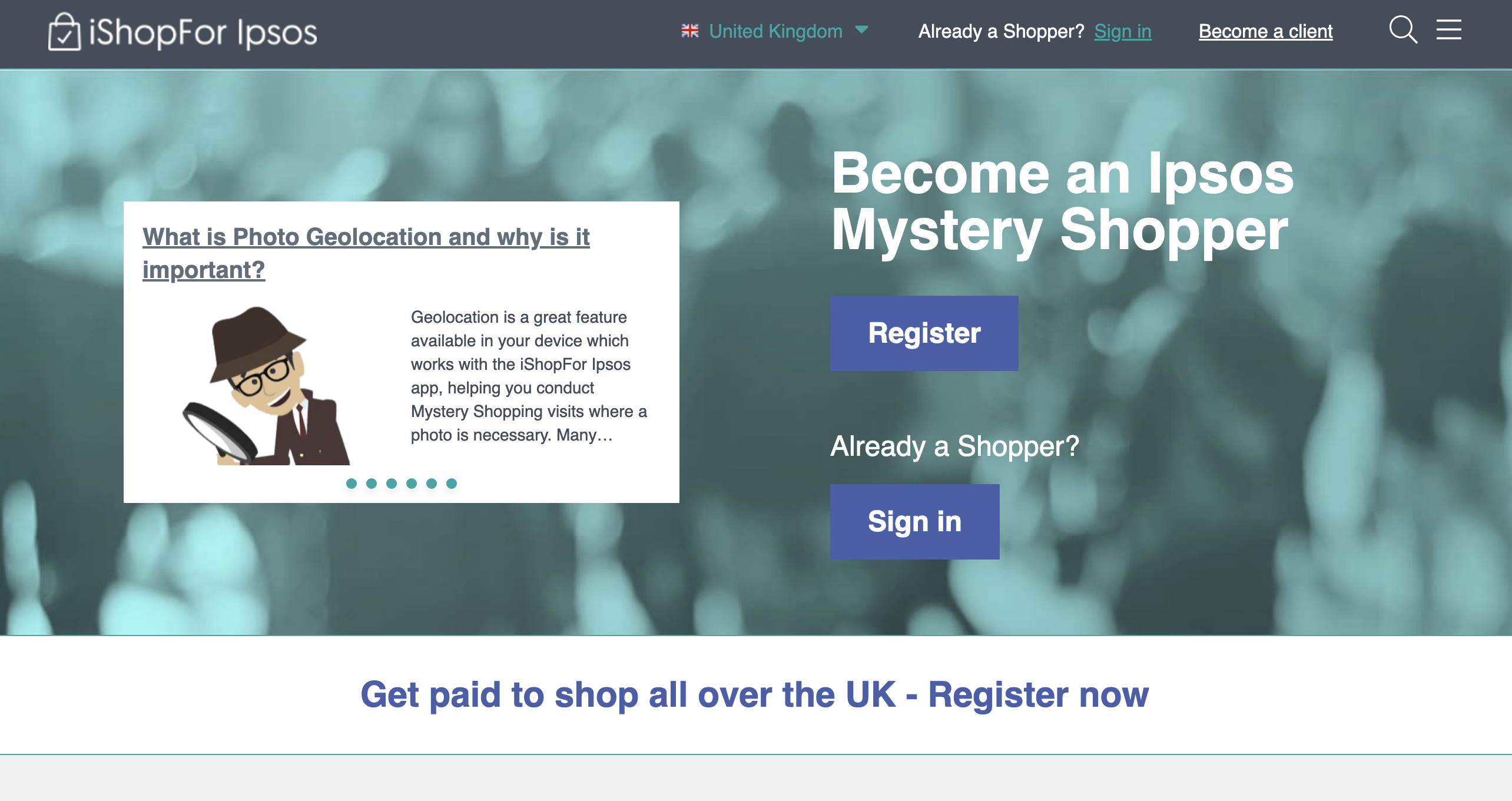 Screenshot of a webpage promoting Ipsos mystery shopper opportunities, featuring registration options, and an information box about geolocation for the iShopForIpsos program. Join one of the best mystery shopping companies in the UK.