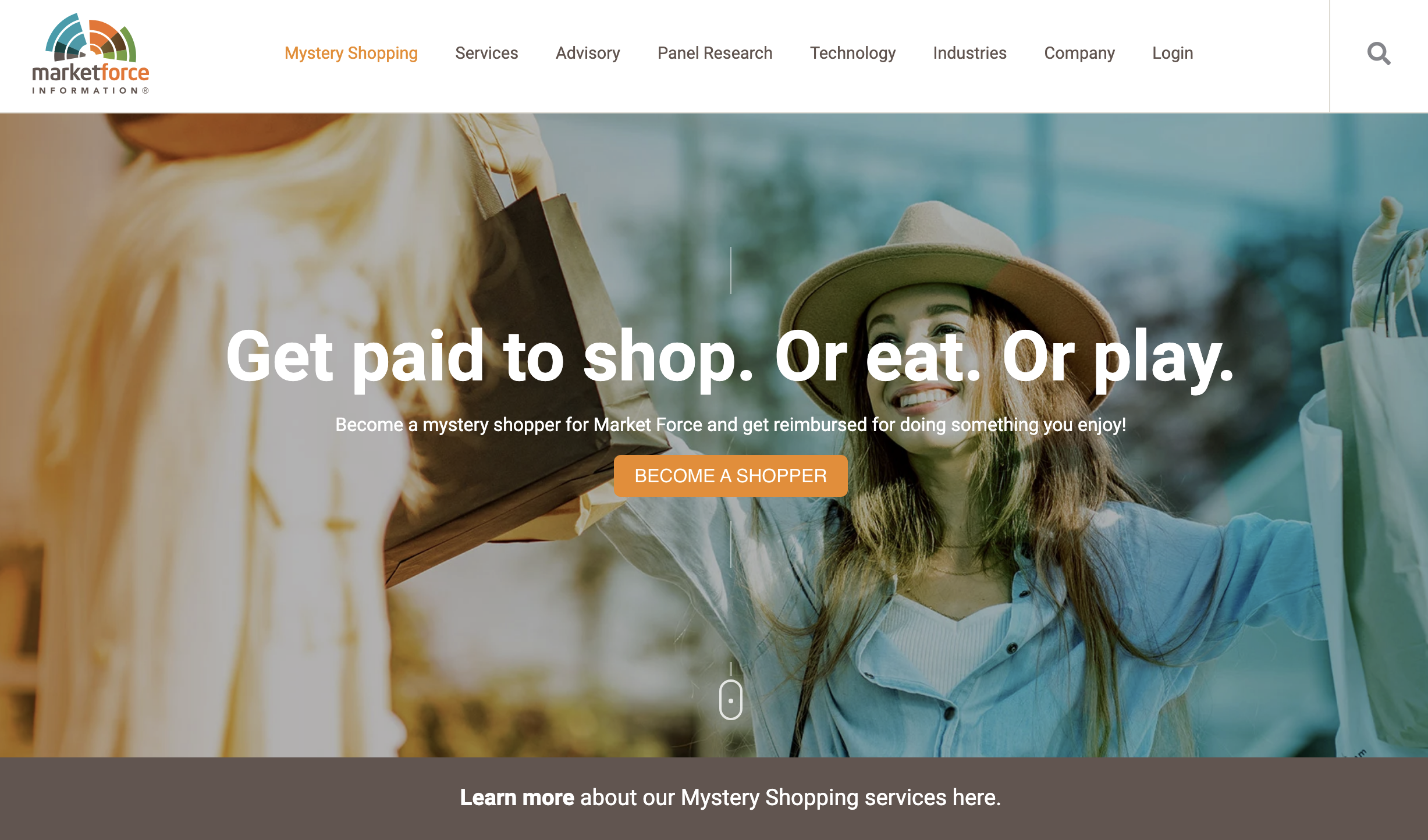 Screenshot of Marketforce homepage. A person holding shopping bags and wearing a hat smiles in a promotional banner for Market Force's mystery shopping services, one of the best mystery shopping companies in the UK, with text encouraging people to become mystery shoppers.