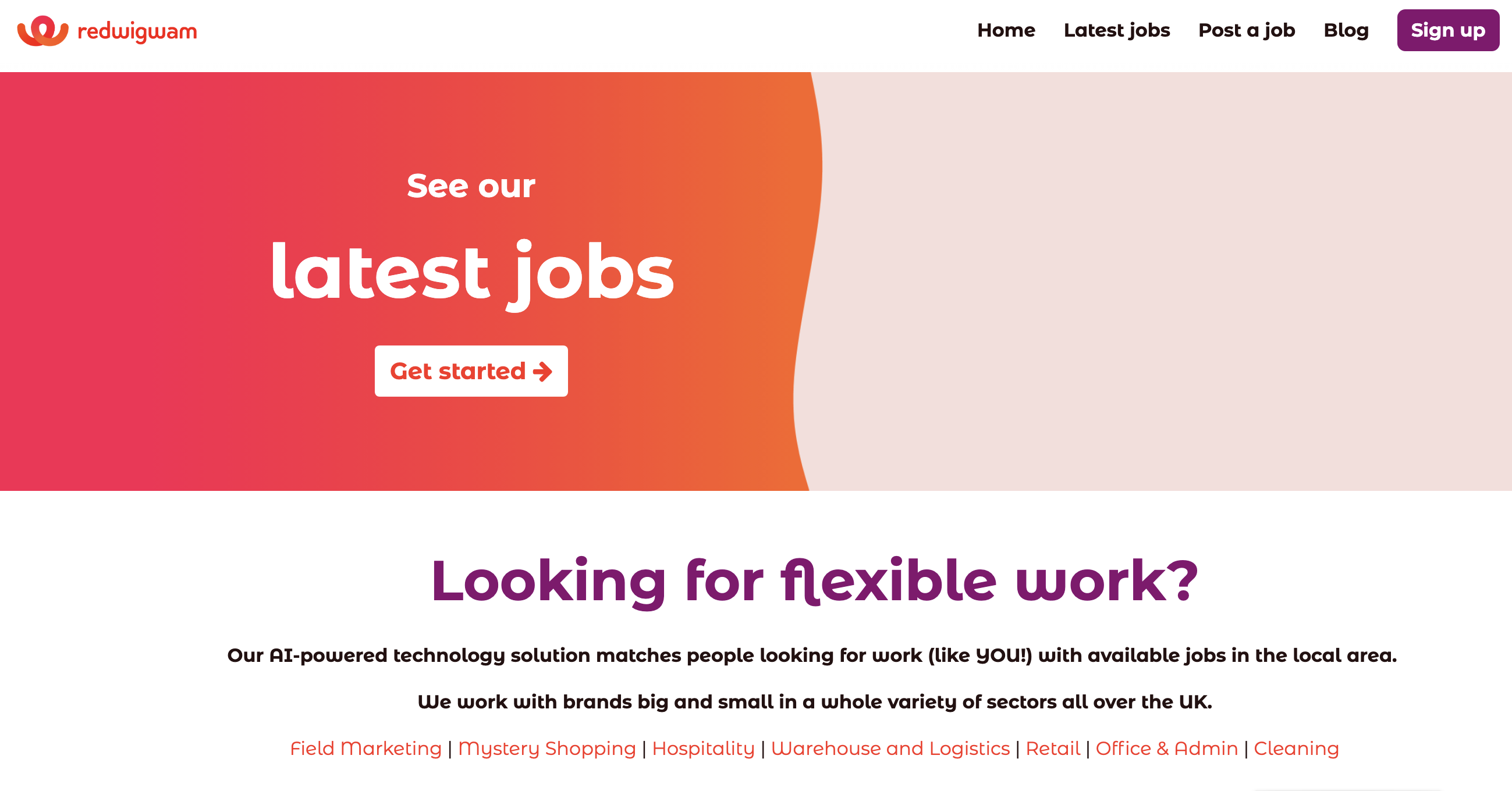 Screenshot of a job search website. The text promotes the latest job opportunities, including positions at some of the best mystery shopping companies in the UK, and flexible work options using AI technology. A "get started" button is visible, along with navigation links and a sign-up button.