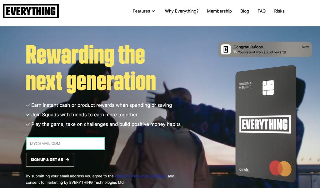 Screenshot of the Everything landing page, promising £5 free money on your debit card when the new app launches