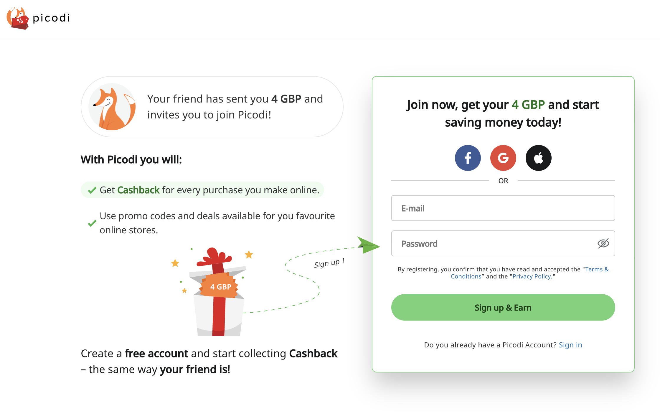 A screenshot of the Picodi sign up page offering a free £4 cash to residents of the UK.