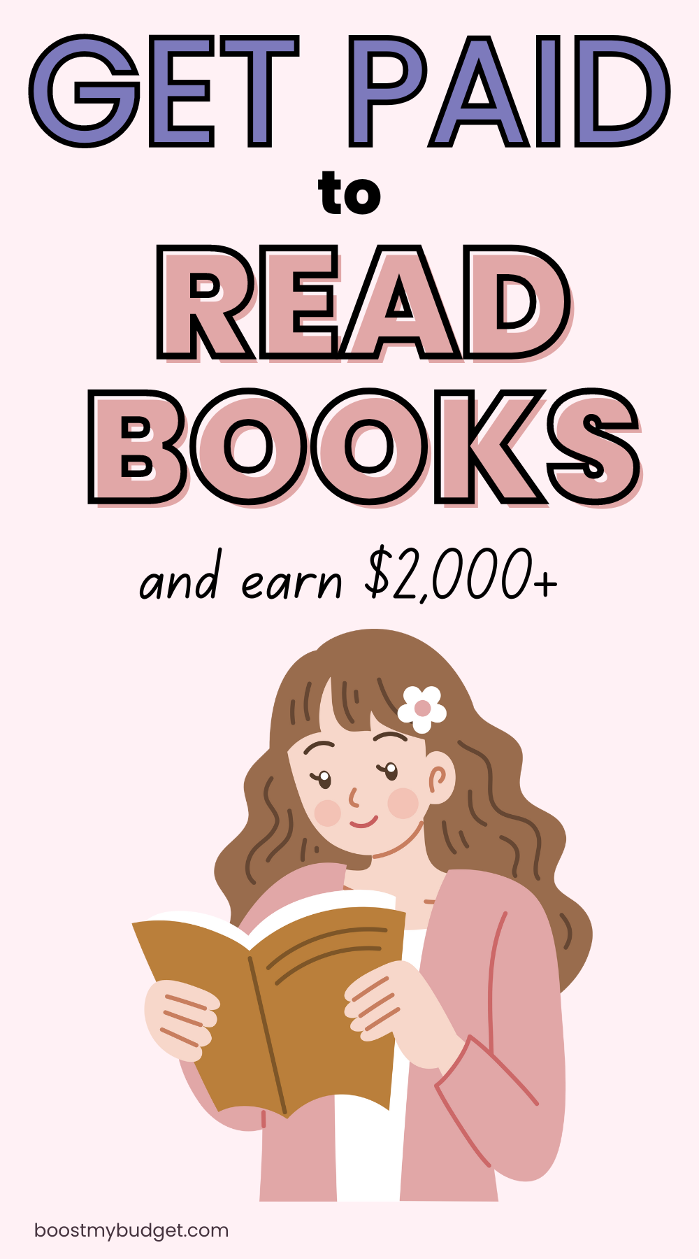 Illustration of a smiling person reading a book with the text "Get Paid to Read Books and earn $2,000+" at the top. You can get paid to read books while enjoying your favorite stories!