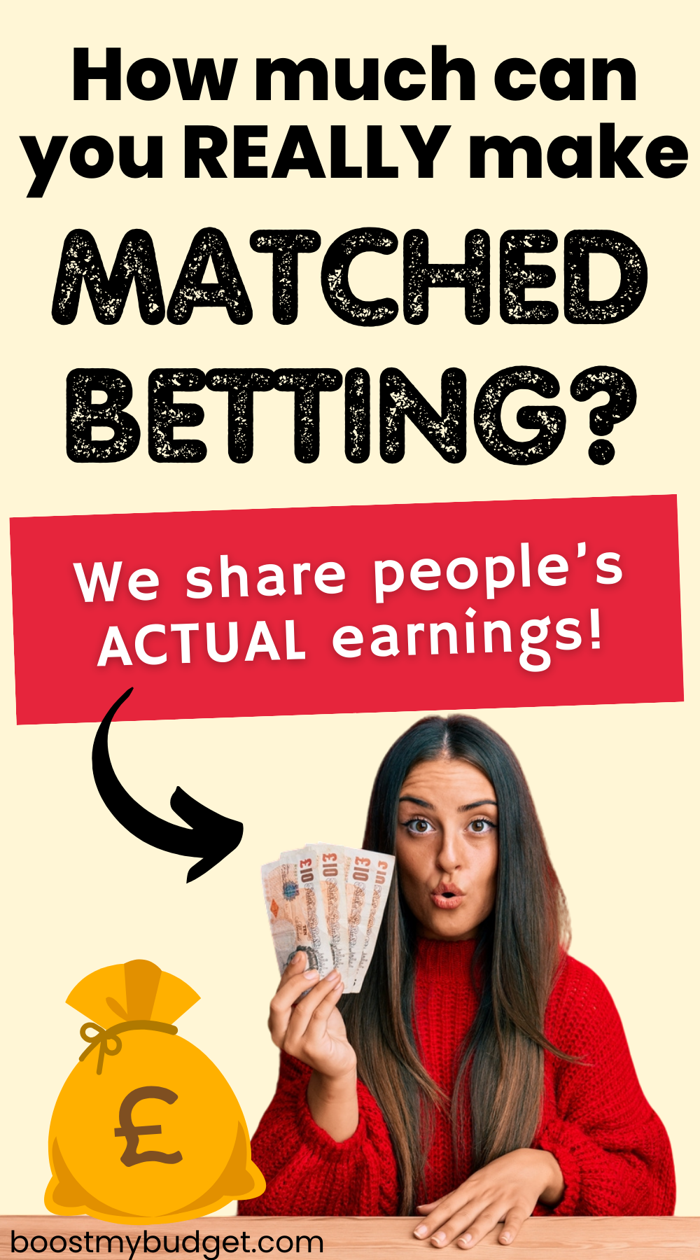 A woman in a red jumper with long dark hair holding a handful of British £10 notes in cash with a caption that reads, "How much can you REALLY make from matched betting? We share people's ACTUAL earnings!" A sack with a pound sign is also visible.