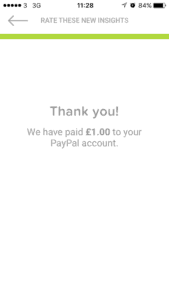 My first £1 payment on Citizenme, an app that pays you money for short surveys on your phone