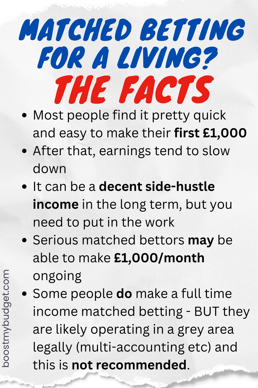 Text image with the title "MATCHED BETTING FOR A LIVING? THE FACTS" and a list of points outlining potential earnings and considerations for making matched betting for a living as a side income.