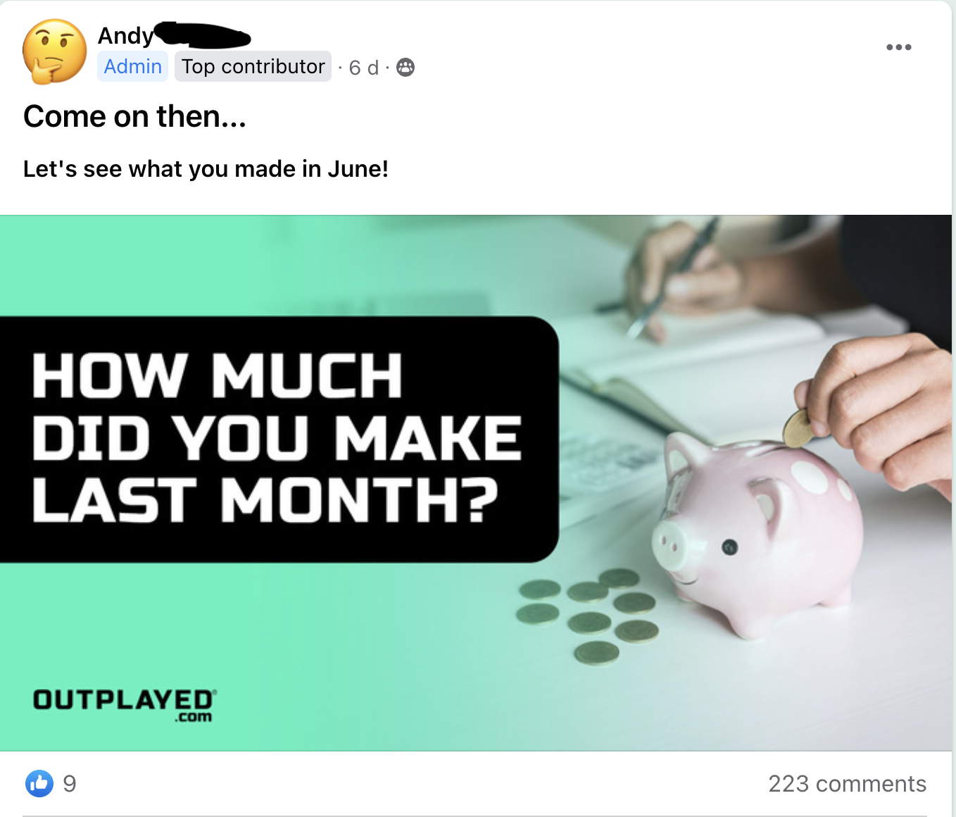 Screenshot from the Outplayed Facebook group of an image with the text 'how much did you make last month?' (in matched betting)