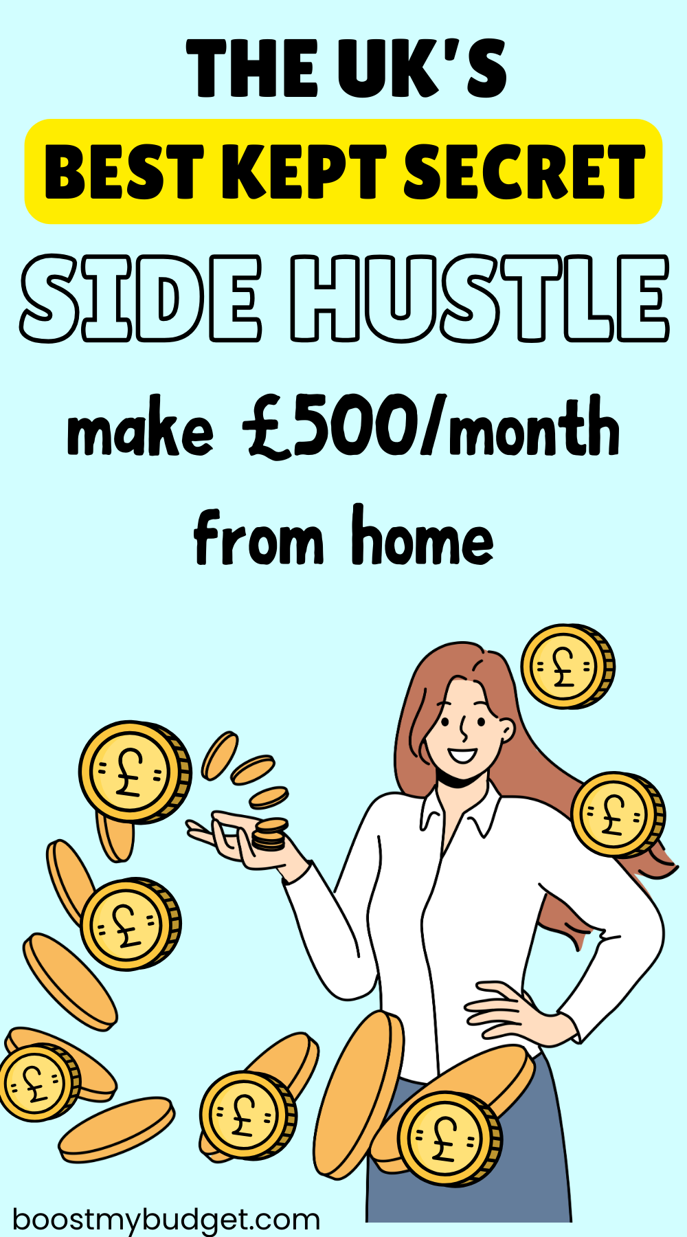 A cartoon of a person holding a phone and receiving coins. Text reads: "THE UK'S BEST KEPT SECRET SIDE HUSTLE - make £500/month from home with no risk matched betting.