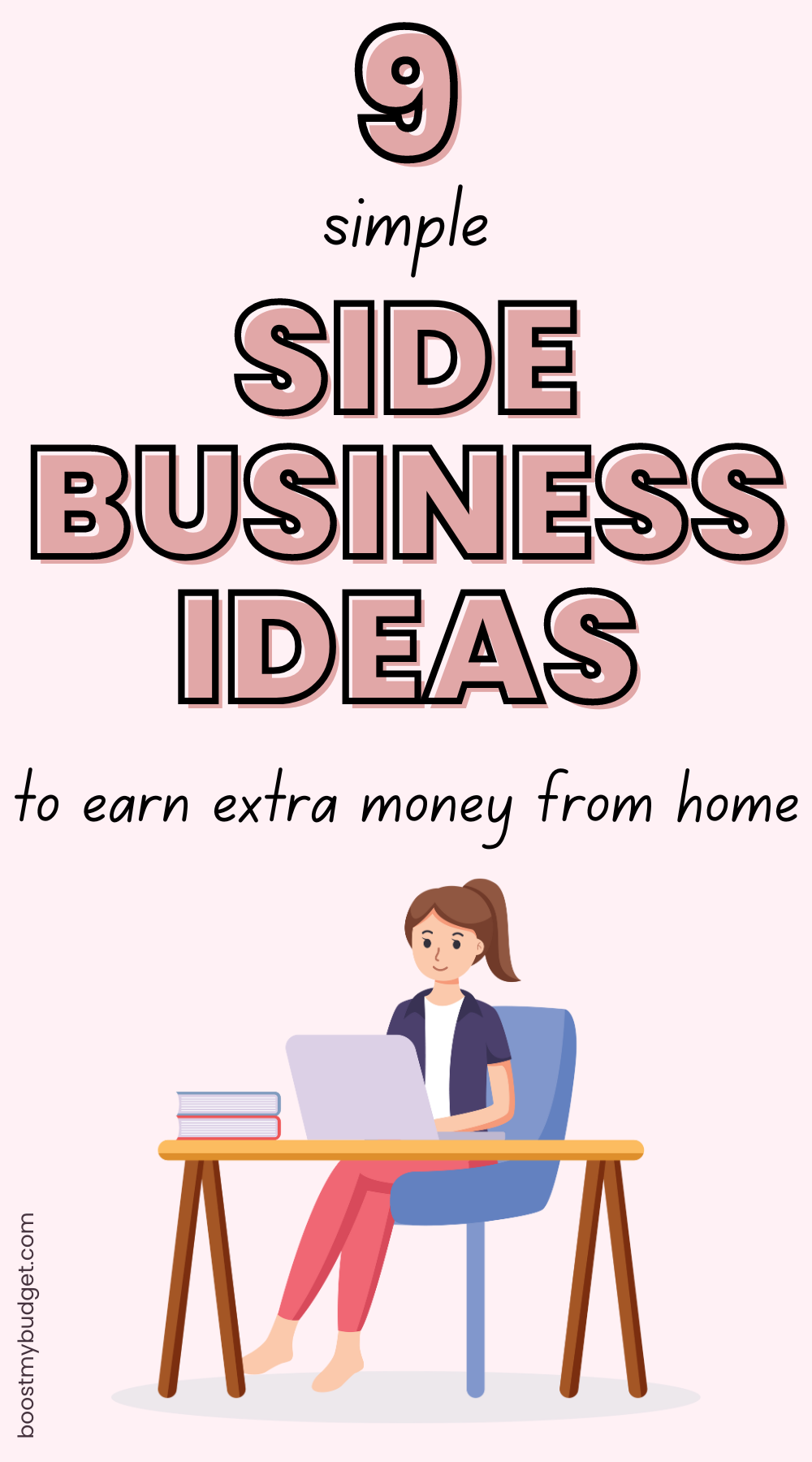 Illustration of a person working on a laptop at a desk with text above that reads "9 Simple Side Business Ideas to Earn Extra Money from Home.