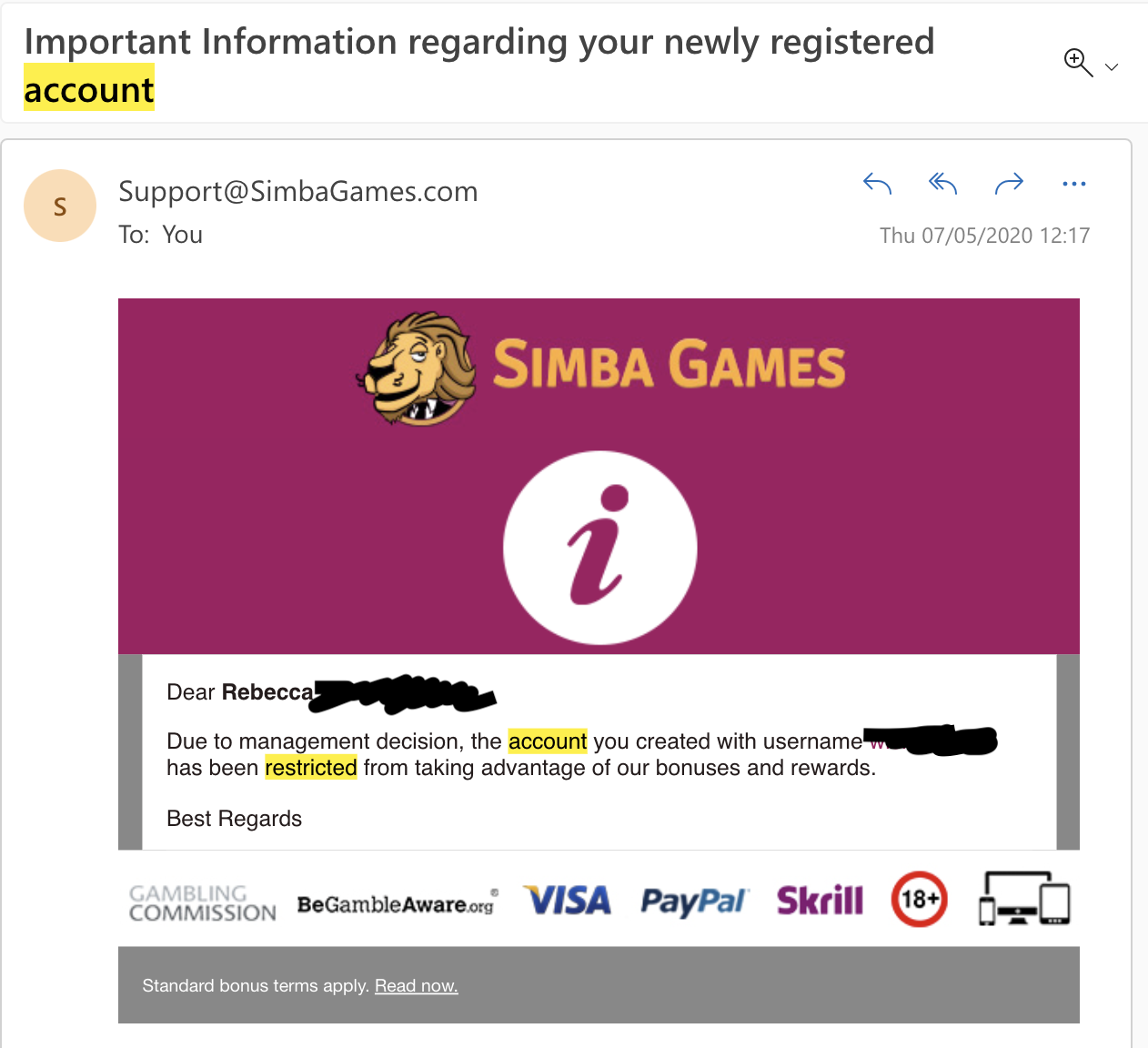 Screenshot of an email from Simba Games communicating that my account has been restricted a.k.a. gubbed