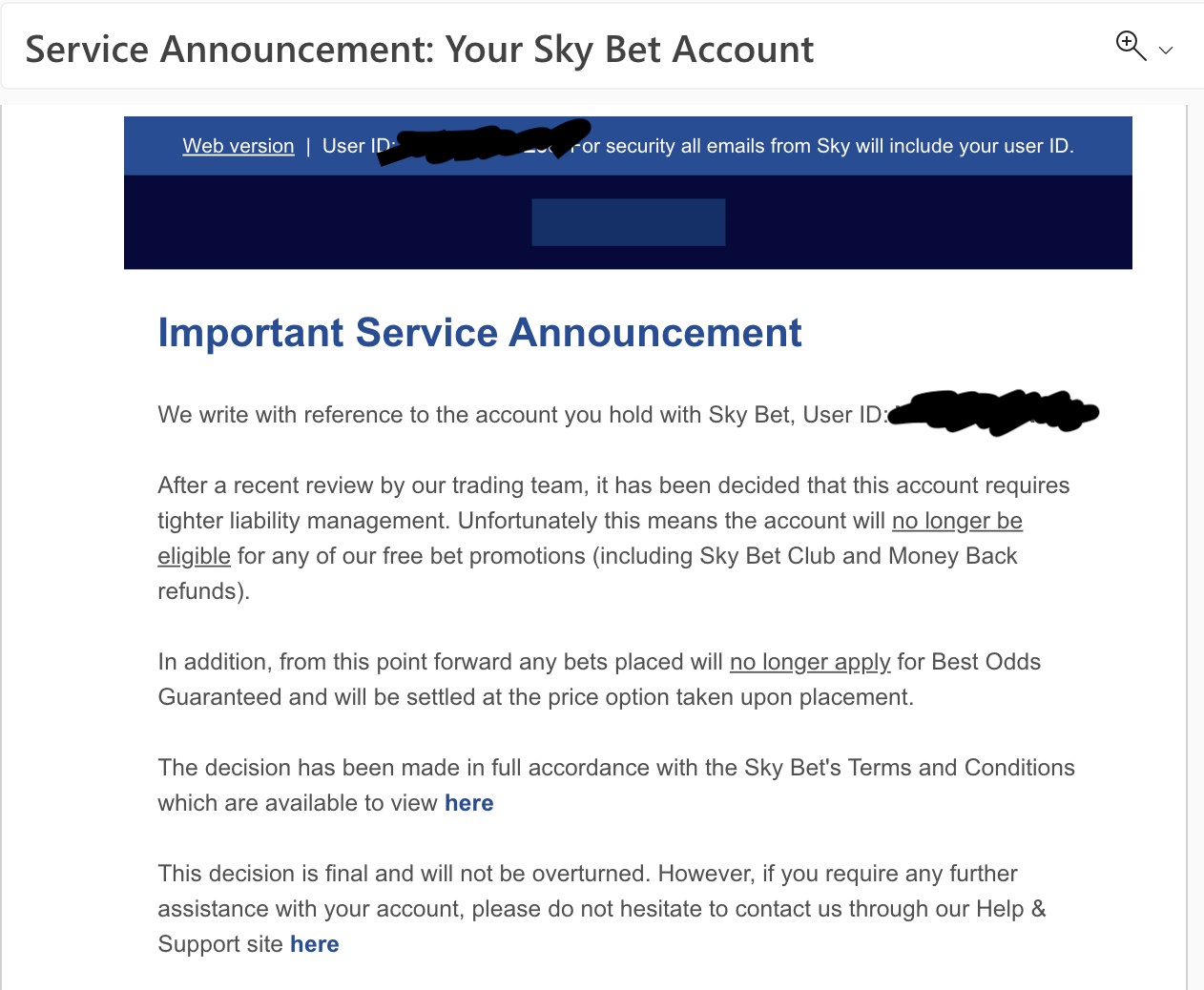 Screenshot of an email from Sky Bet titled 'service annoucement: your Sky Bet account' and stating that the recipient is no longer eligible for promotions; i.e. my account has been gubbed