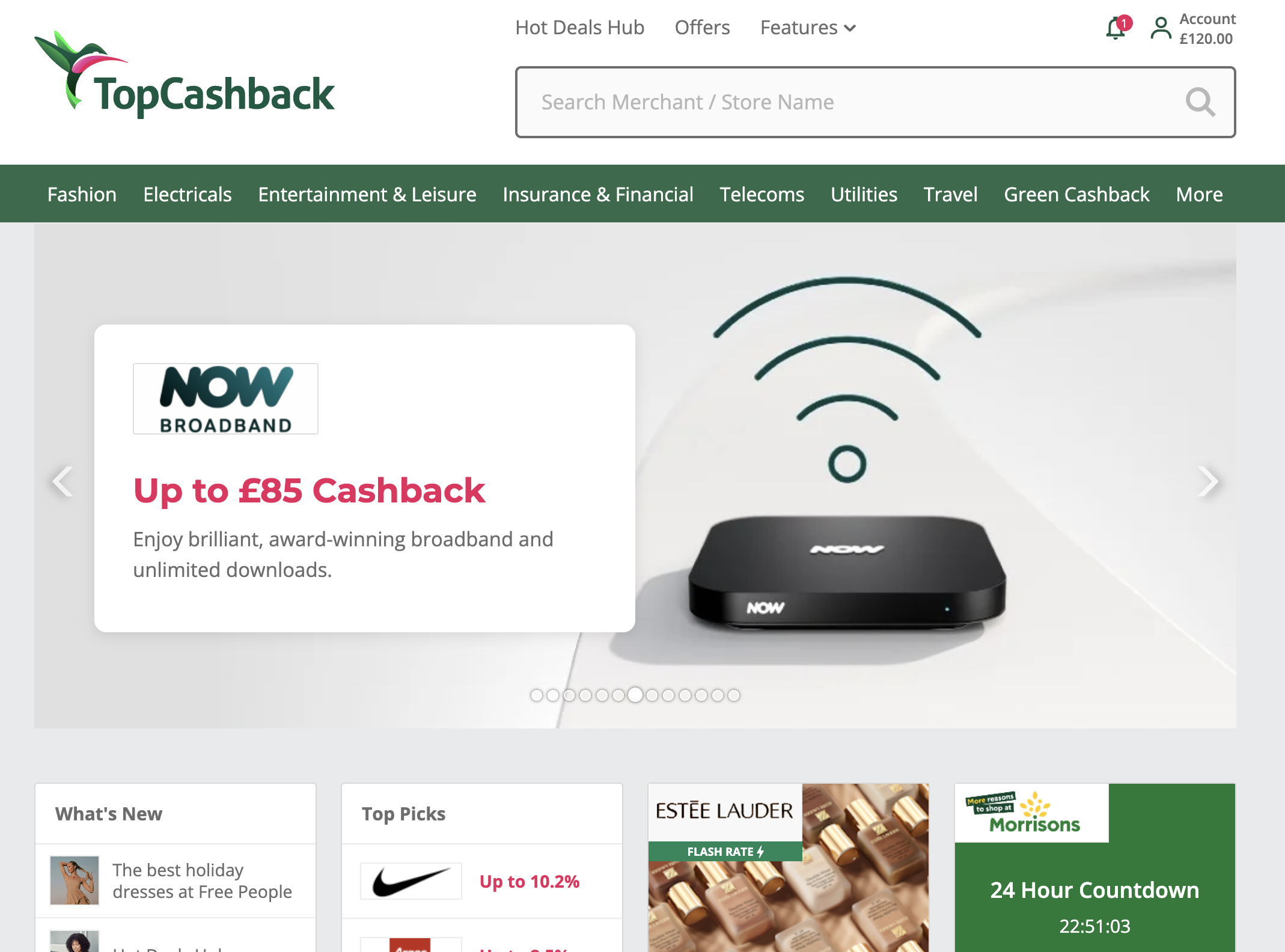 Screenshot of the TopCashback homepage