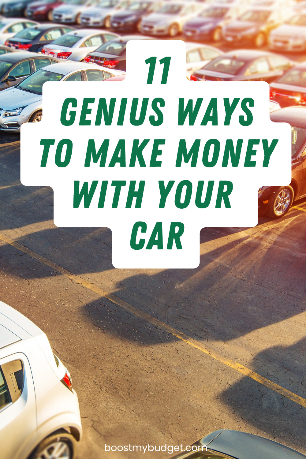 Text overlay on an image of a crowded parking lot: "11 Genius Ways to Make Money With Your Car in the UK.