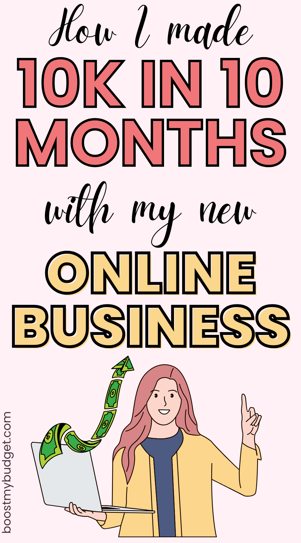 A person holding a laptop with a rising arrow made of money, accompanied by text: "How I made 10K in 10 months with my new online business making money as a wholesaler.