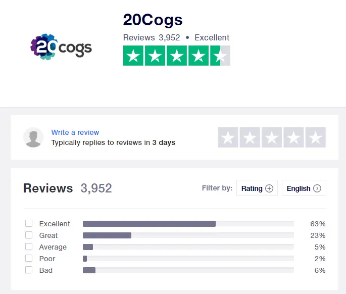 20cogs trustpilot screenshot showing average score as 'excellent'