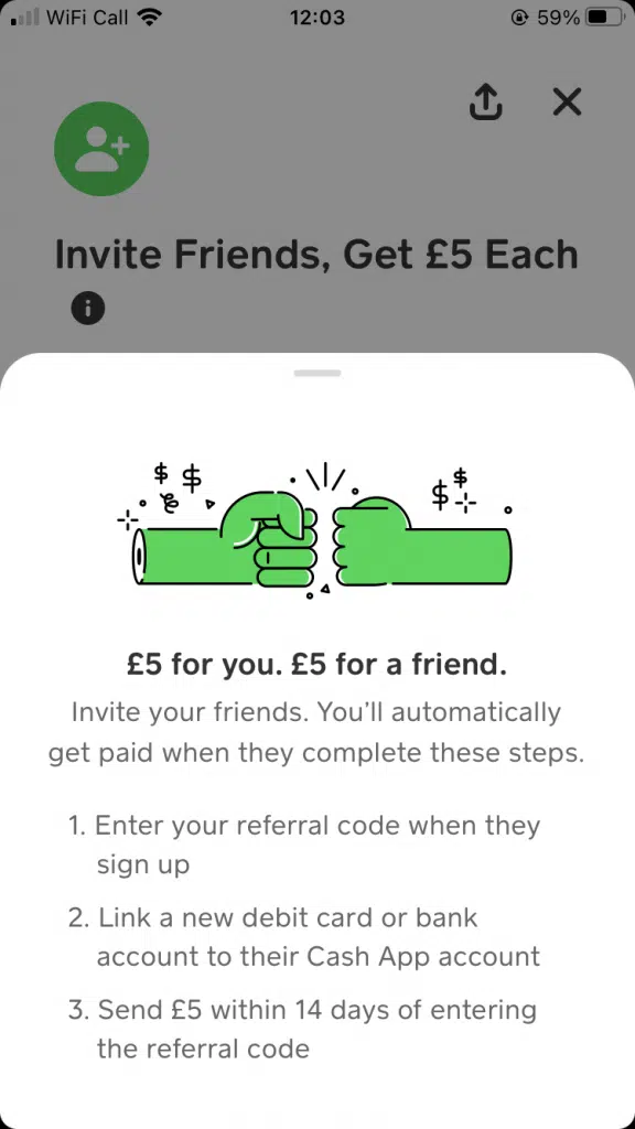 Screenshot of Cash App showing the terms of the referral offer