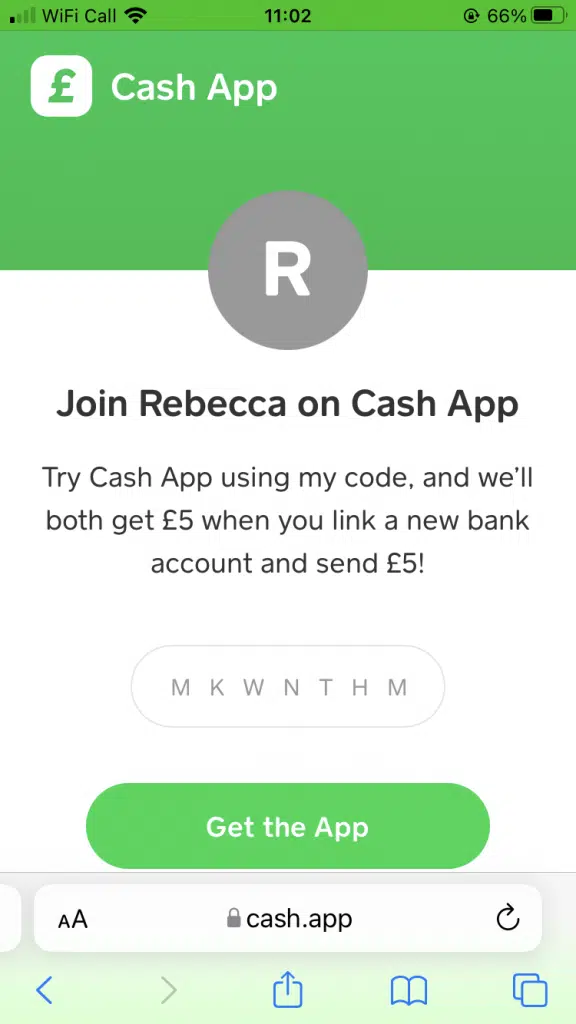 Cash app screenshot: get £5 free money with this cash app referral code UK MKWNTHM