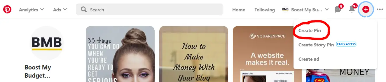 screenshot of Pinterest showing how to add a new pin