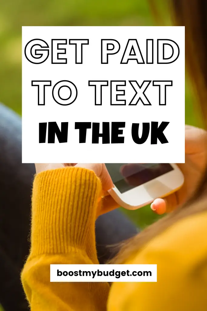 text overlay: get paid to text in the UK. background: woman in yellow top holding mobile phone.