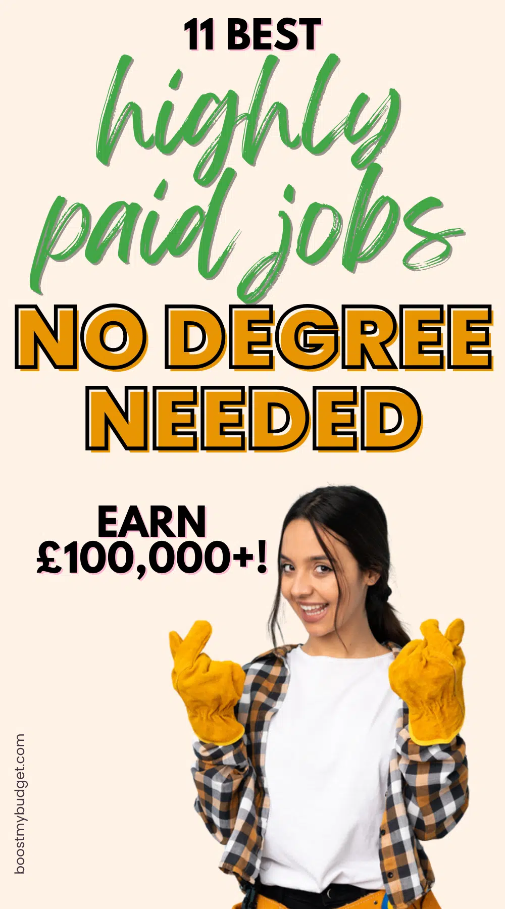 Text reads "11 Best High Paying Jobs Without a Degree in the UK" and "No Degree Needed, Earn £100,000+!" A smiling person wearing a plaid shirt and yellow gloves poses with raised fists.