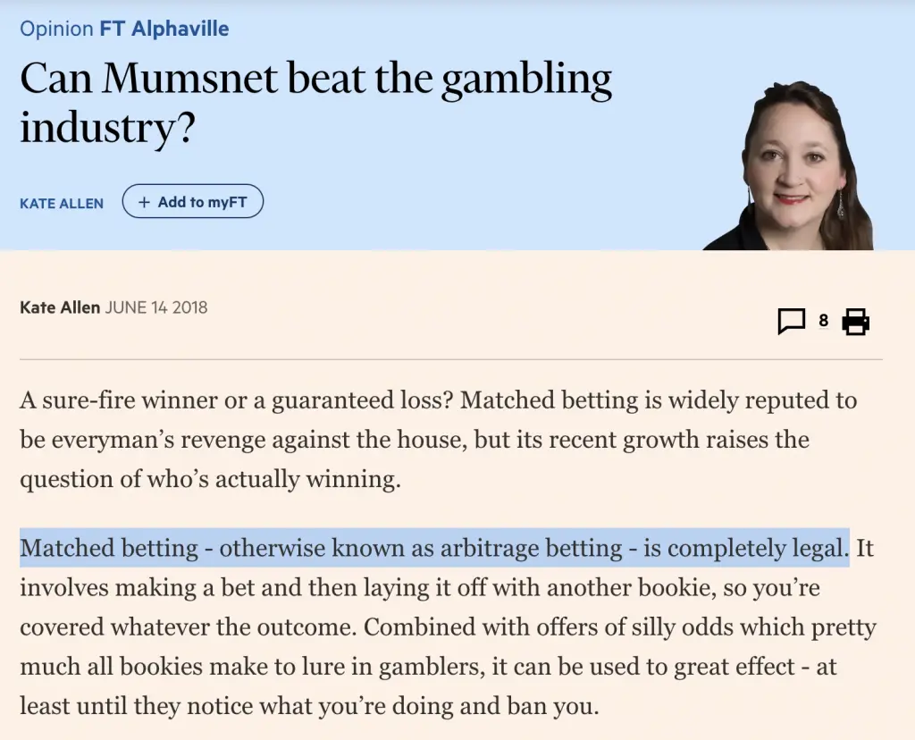 a screenshot of a FT article on matched betting, titled 'Can Mumsnet beat the gambling industry' and highlighting the fact that matched betting is legal.