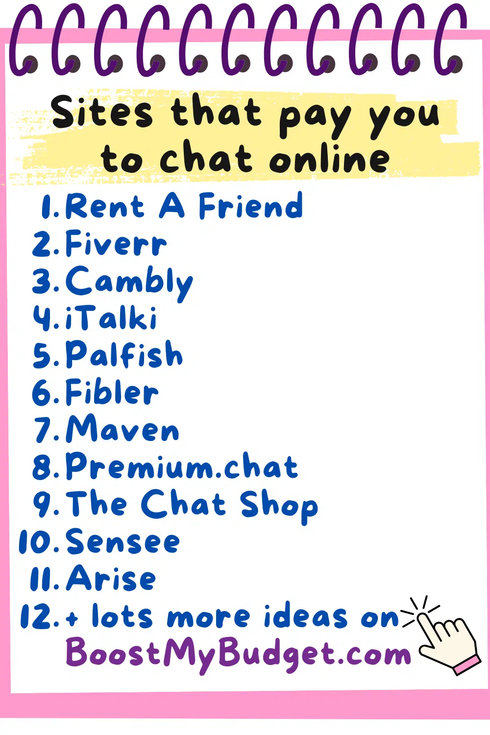 A hand-drawn list titled "Sites that pay you to chat online" includes: Rent A Friend, Fiverr, Cambly, iTalki, Palfish, Fibler, Maven, Premium.chat, The Chat Shop, Sensee (ideal for those looking to get paid to chat online in the UK), Arise. More ideas on BoostMyBudget.com.