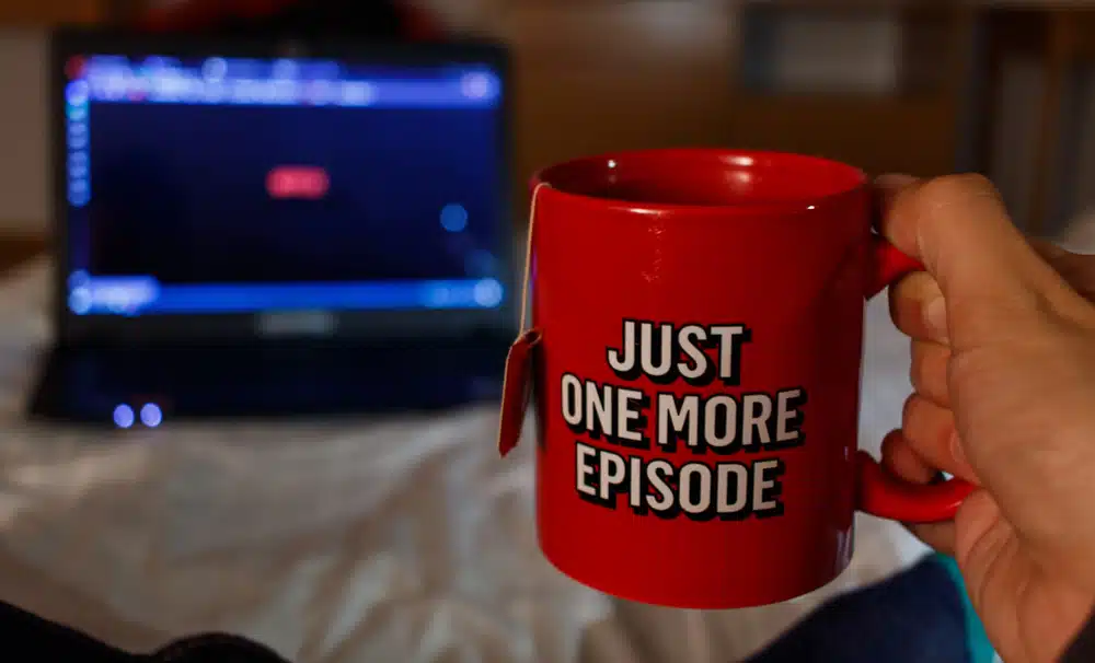 Person holding a red mug with "Just one more episode" text, in front of a laptop playing a video on a bed, wondering how to get paid to watch Netflix.