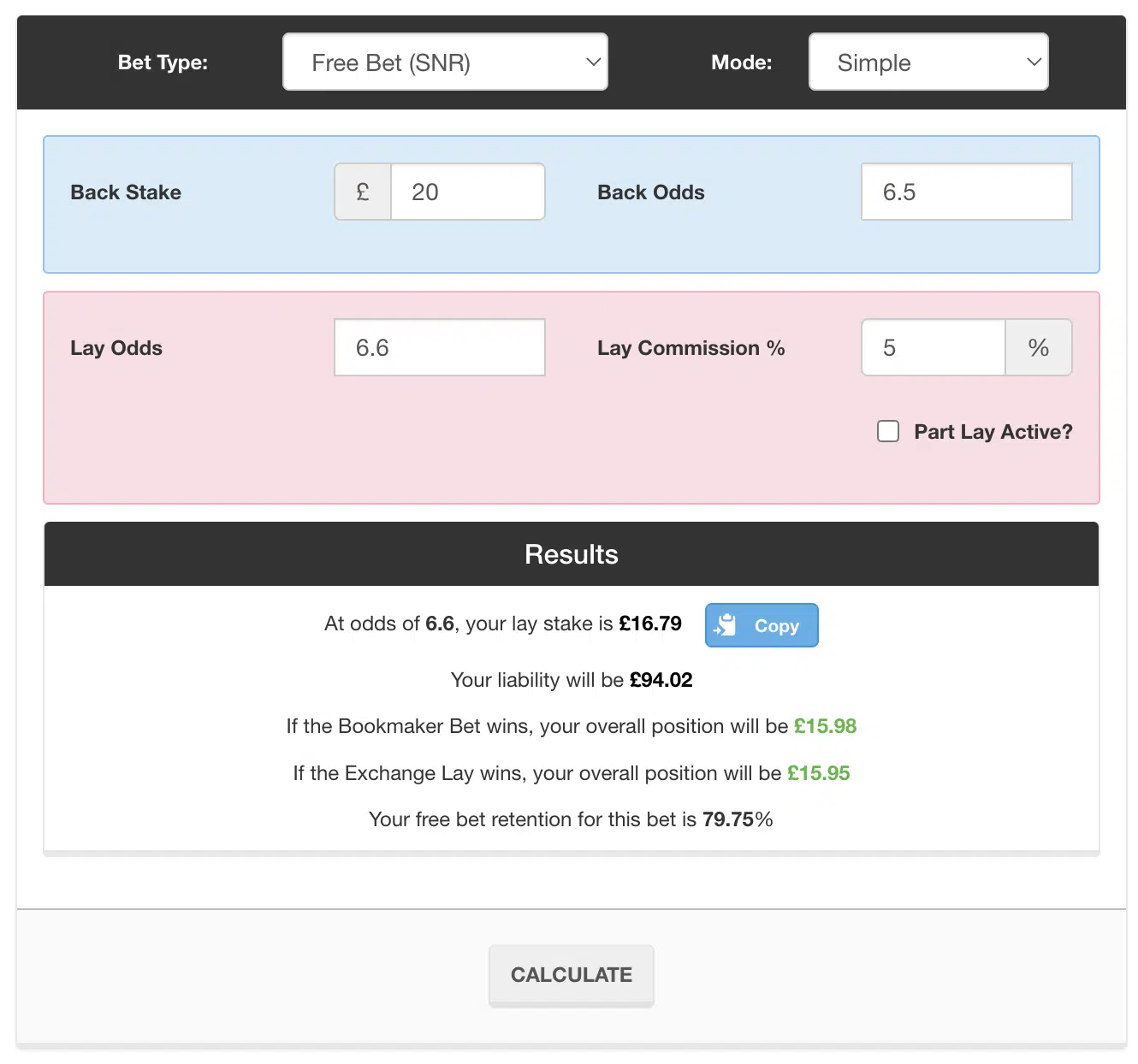 screenshot of the matched betting calculator calculating a free bet.