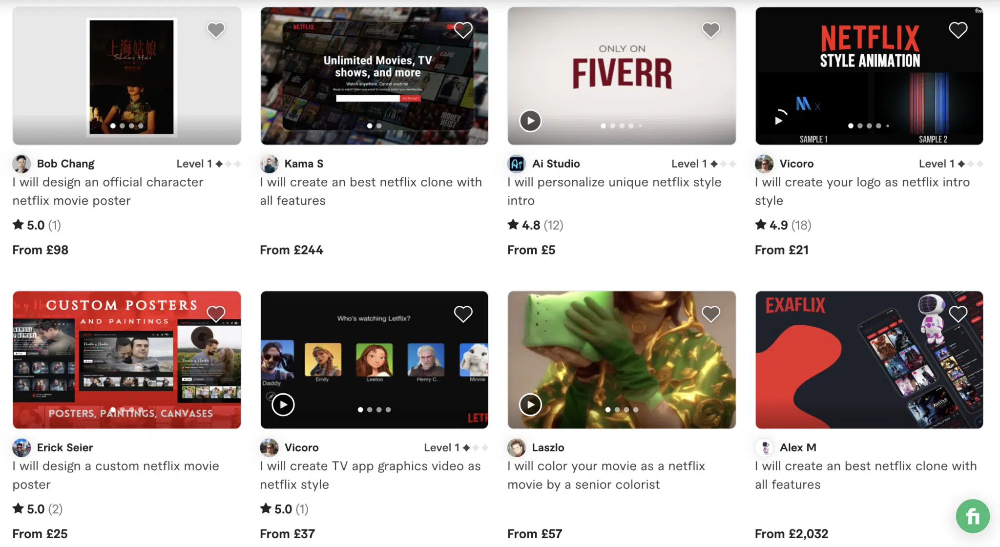 Screenshot from Fiverr showing various online service listings for creating Netflix-style graphics, including movie posters, animations, app TV visuals, and custom movie posters with prices ranging from £6 to £2,032. Discover how to get paid to watch Netflix while exploring these creative design solutions.