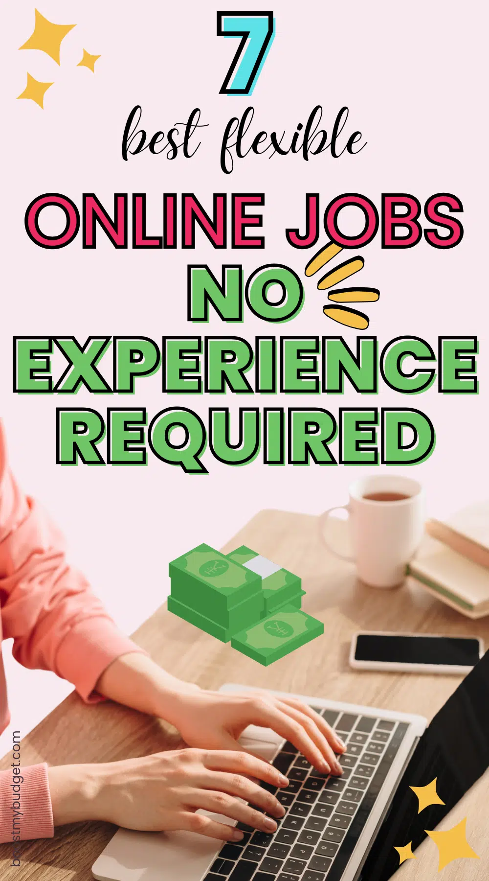 Text reading "7 Best Flexible Online Jobs - No Experience Required" with an image of a person typing on a laptop, exploring various online jobs for those with no experience, surrounded by a smartphone, a notebook, and a stack of cash on the table.