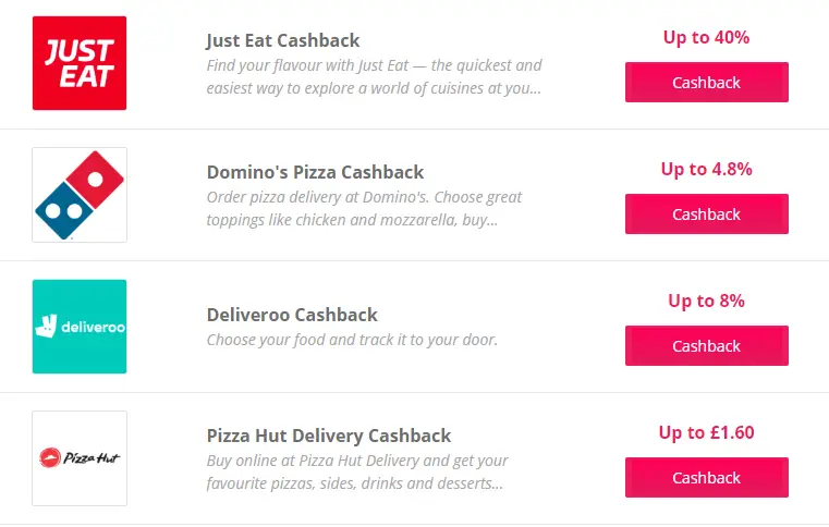 screenshot of takeaway offers on Topcashback