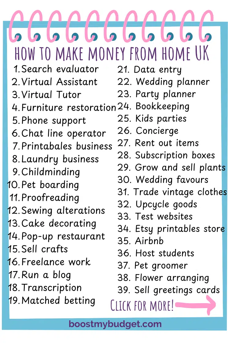 Discover 39+ ways to make money from home in the UK, including roles like virtual assistant, pet boarding, bookkeeping, and selling crafts. Our detailed list encourages you to click for more information and find your perfect side hustle.